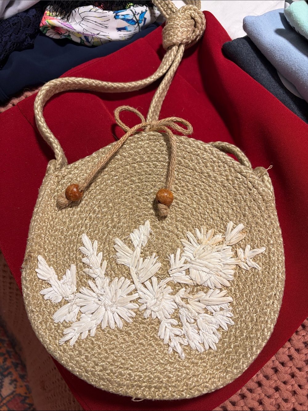 H&M Handwoven Round Straw Crossbody Bag with White Floral Embroidery